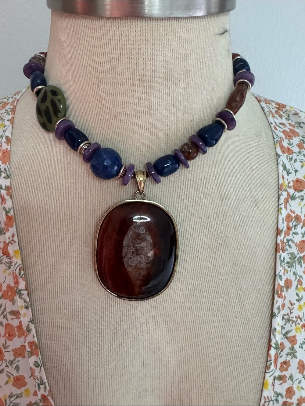 Handcrafted Brown Agate Pendant Necklace with Purple and Blue Beads